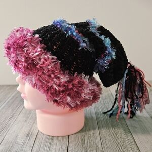 Handmade Knit Child's Black & Pink Winter Stocking Cap Slouchie Hat with Blue Va